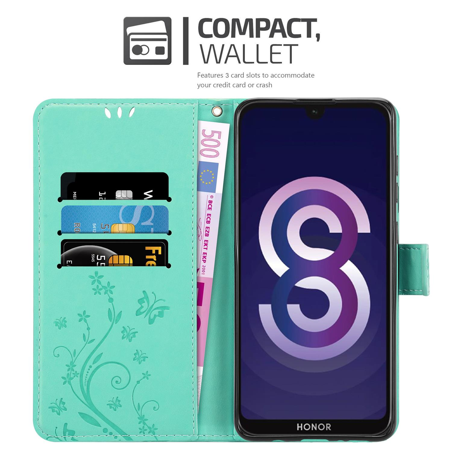 Custodia turchese con telefono e fessure per carte. Una banconota da 500 euro in uno slot. Design floreale.