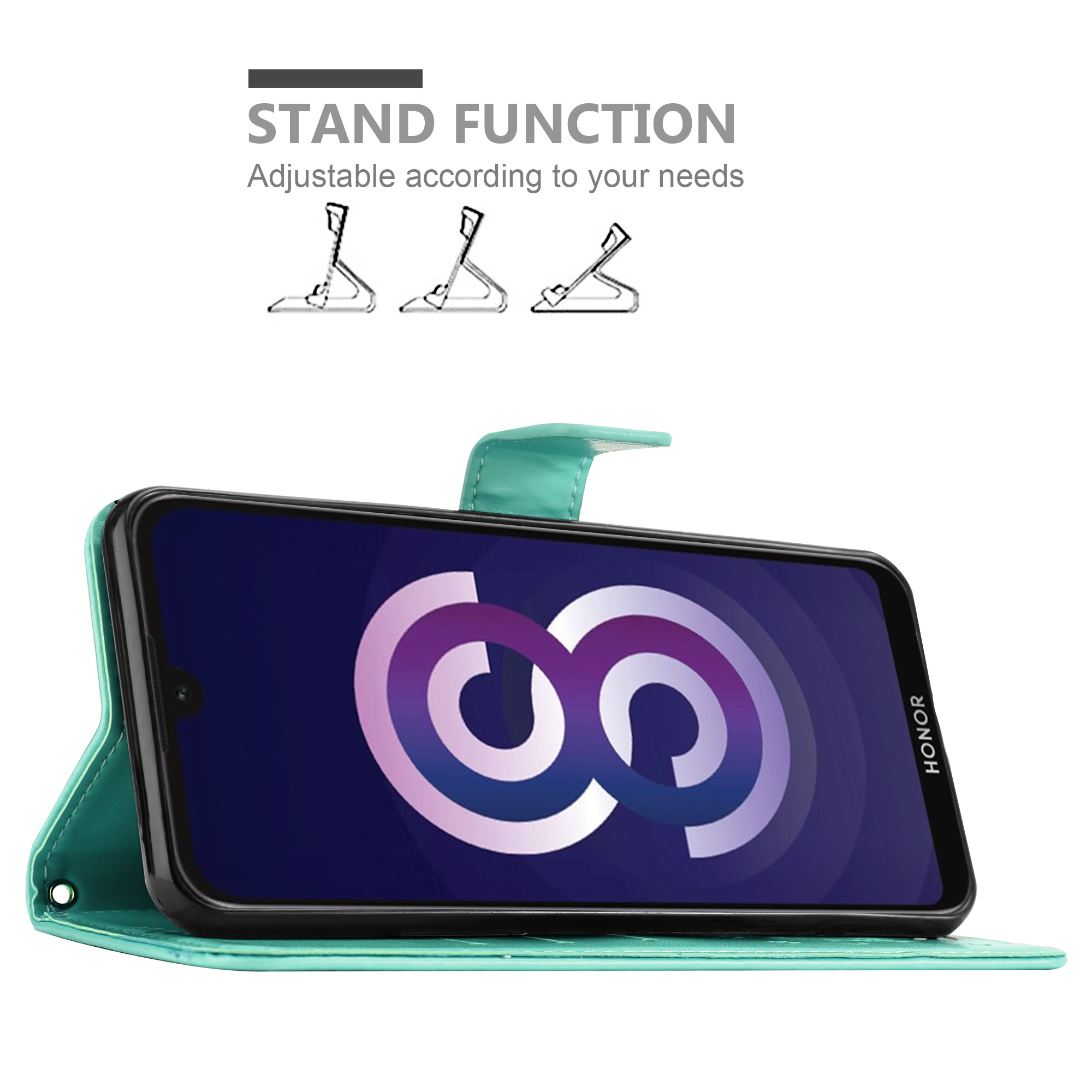 Telefono in custodia verde acqua, aperto come supporto. Lo schermo del telefono mostra un logo. Funzione supporto pubblicizzata.