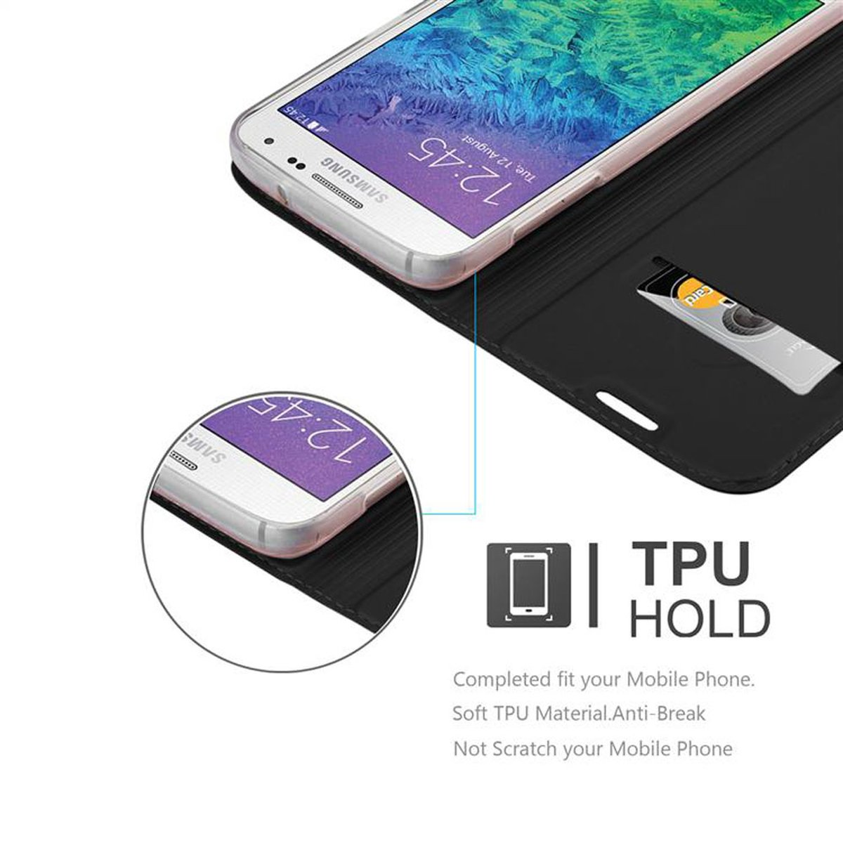 Un telefono in una custodia nera con una carta. Testo: TPU Hold, Si adatta perfettamente al tuo cellulare. Materiale TPU morbido.