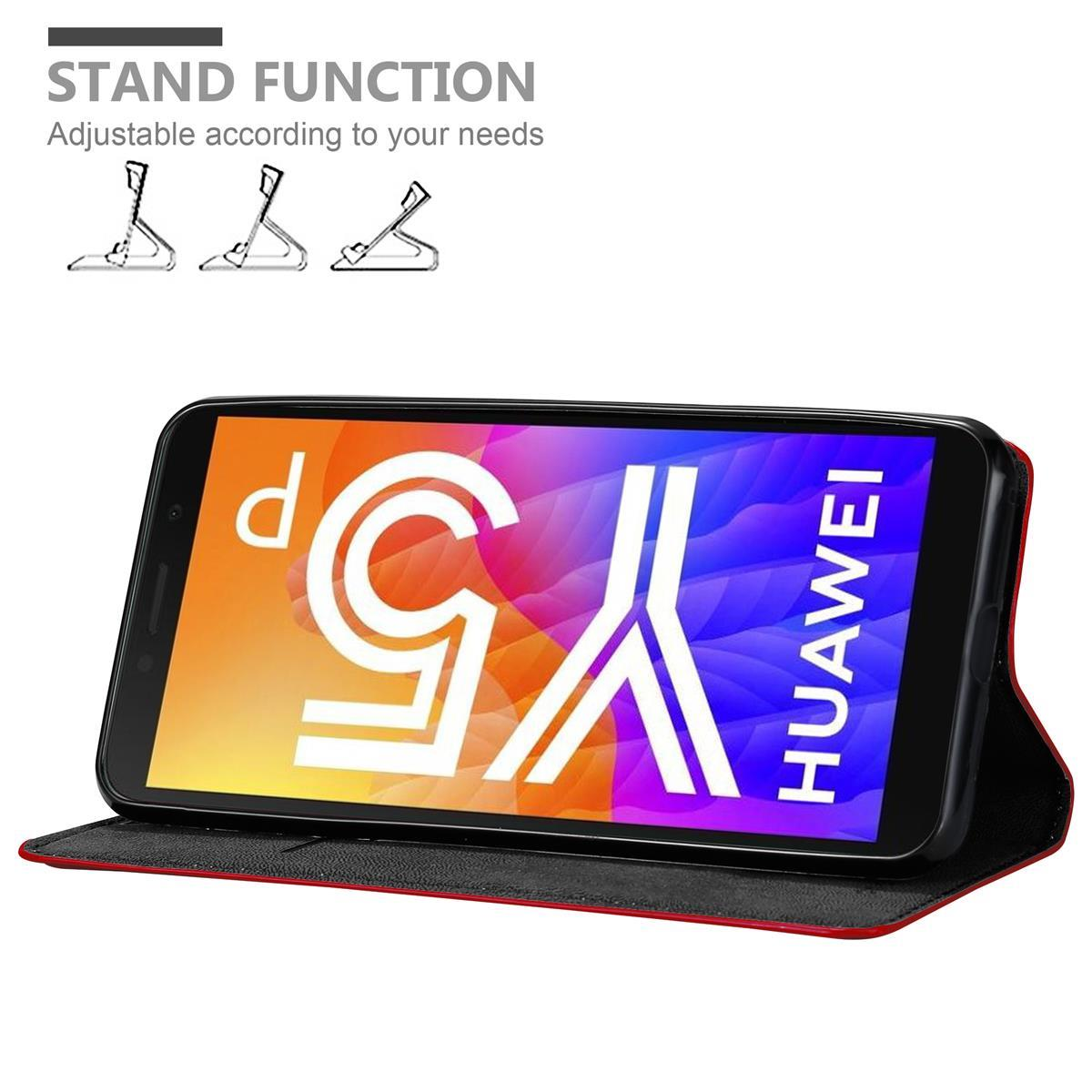 Una custodia per telefono che mostra un telefono in modalità stand, con un diagramma delle opzioni di stand. Il telefono mostra il logo Huawei.
