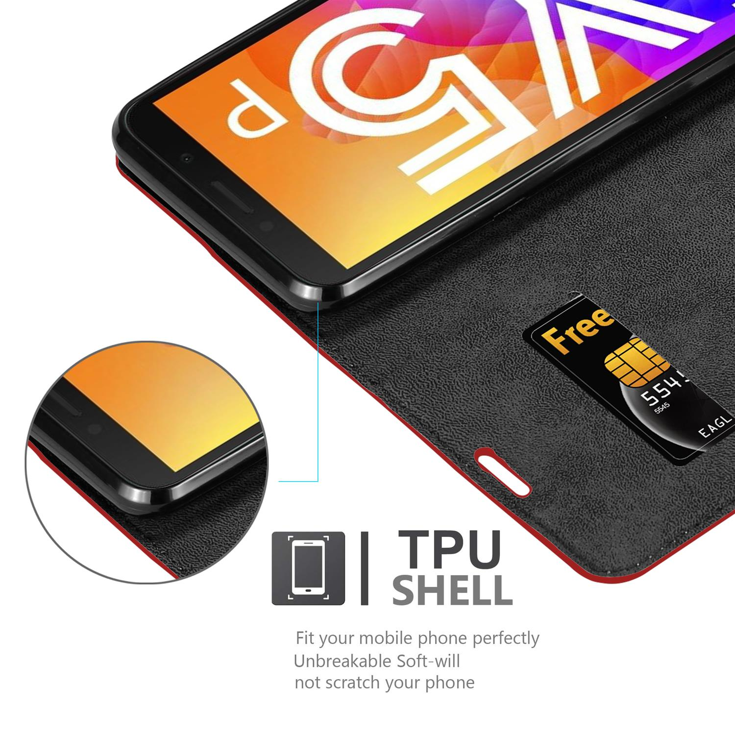 Telefono nero in custodia con SIM gratuita. Rifinitura rossa e guscio in TPU.