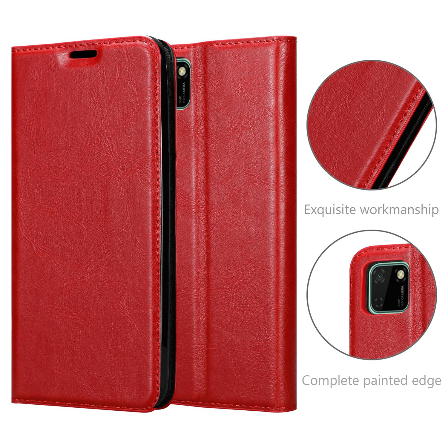 Custodia per telefono rossa con bordi cuciti, primo piano dettagliato dell'area della fotocamera e bordo verniciato completo.