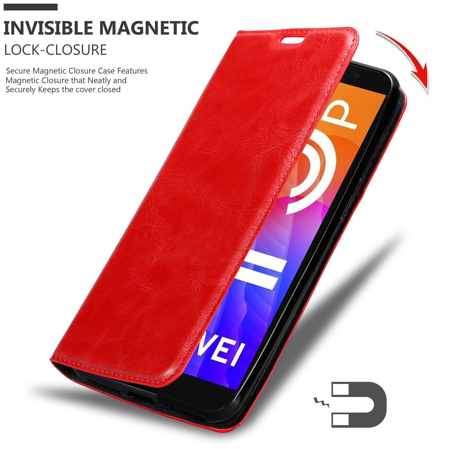 Custodia per telefono rossa con coperchio aperto. Schermo del telefono visibile, visualizza un logo.