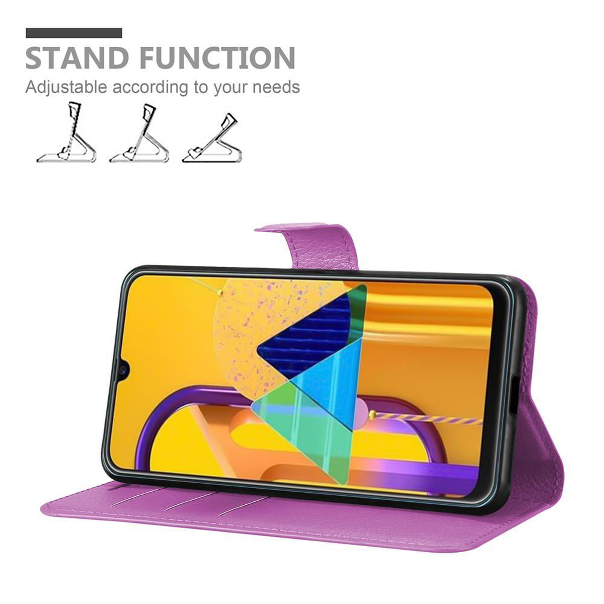 Telefono in una custodia aperta, che mostra la funzione stand. Lo stand ha tre diverse posizioni.