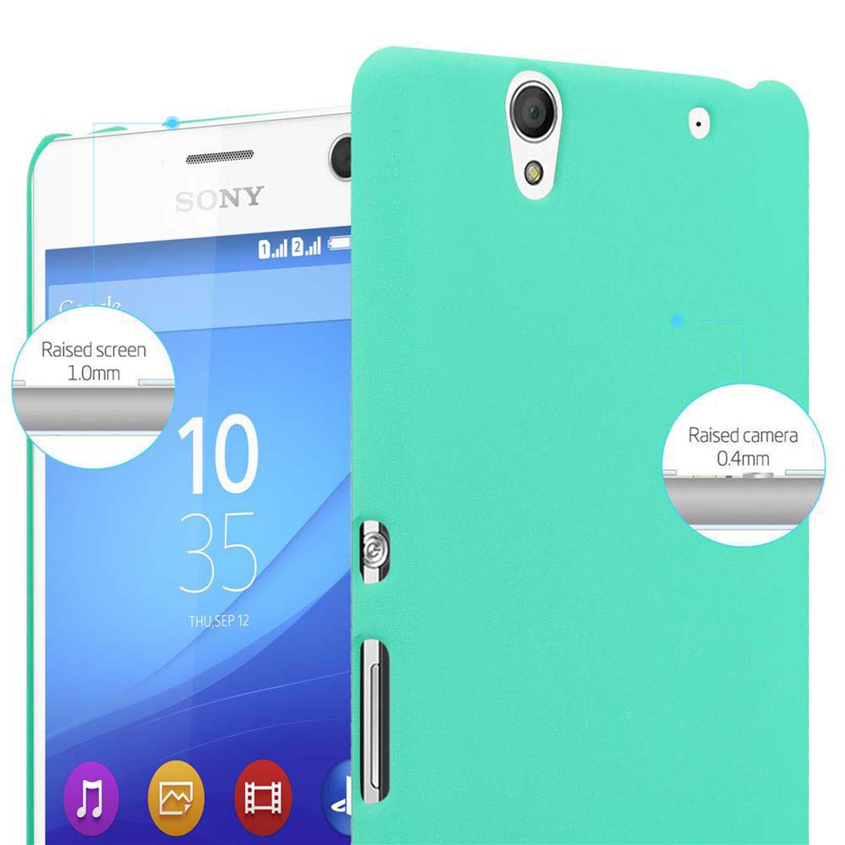 Weißes und grünes Telefon mit Hülle. Text: Erhöhter Bildschirm 1,0 mm, Erhöhte Kamera 0,4 mm.