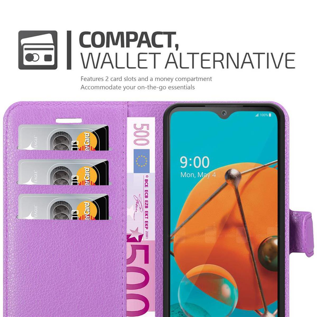 Custodia viola per telefono con tre slot per carte e denaro. Telefono all'interno. Testo alternativo portafoglio compatto.