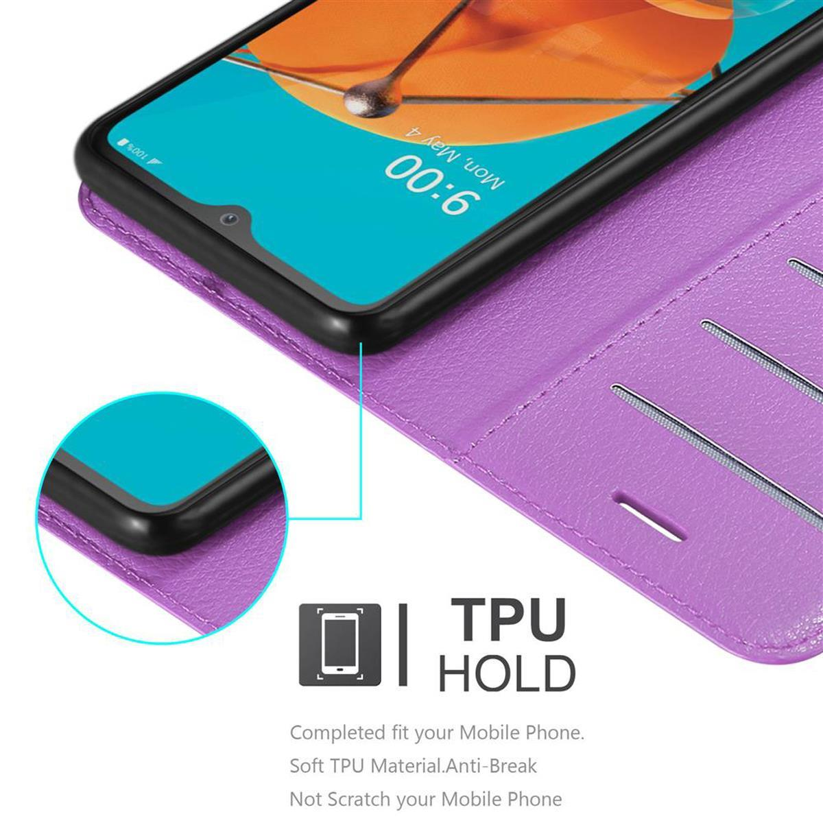 Custodia per telefono viola aperta. Il telefono mostra l'ora. Il testo TPU HOLD è sotto. La custodia è aperta.
