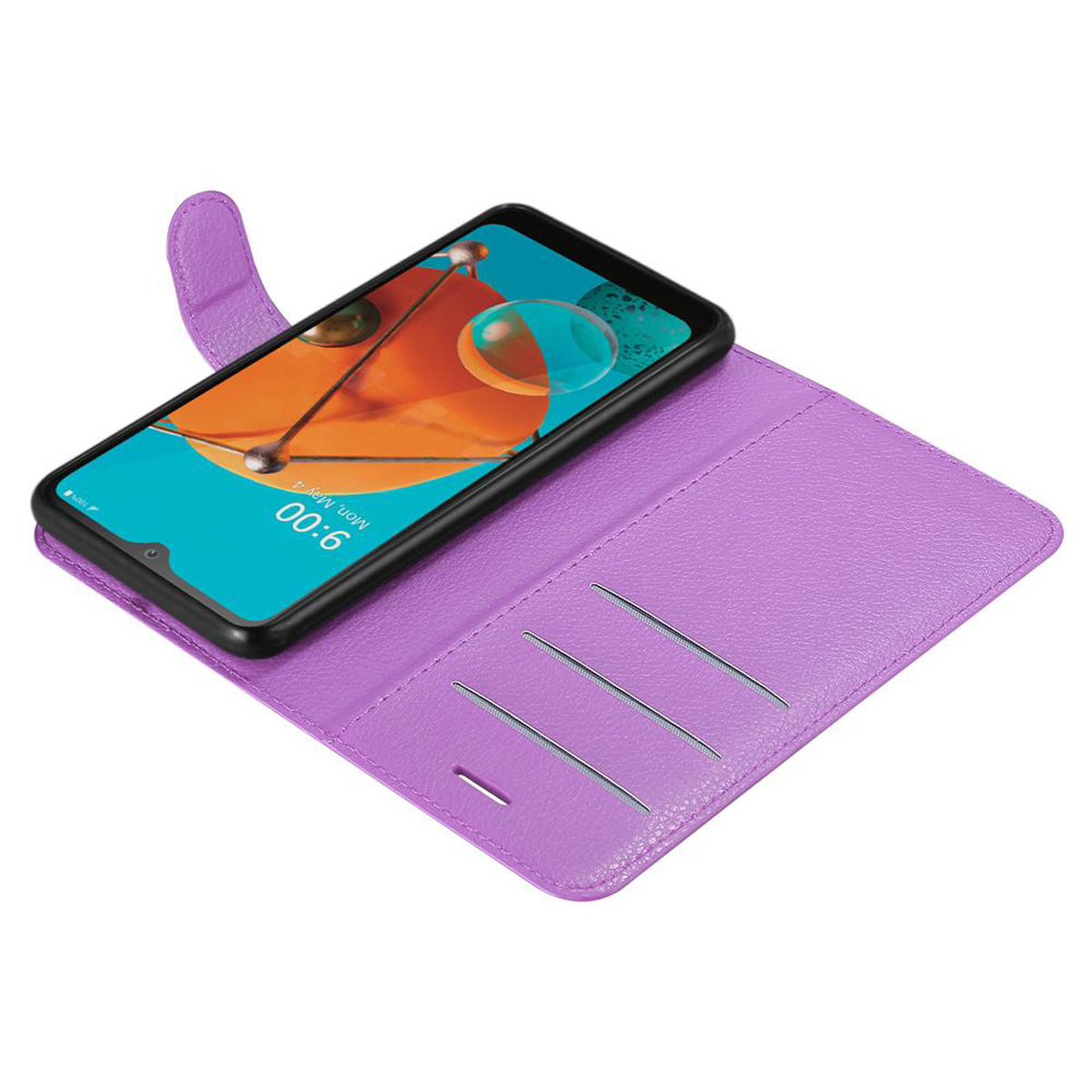 Custodia per telefono viola aperta, con un telefono all'interno. Tre fessure per carte sono visibili.
