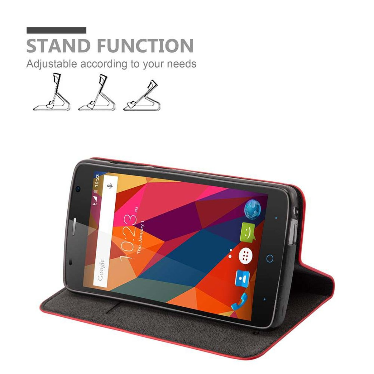 Funda roja con imagen colorida en el teléfono. Gráfico de función de soporte arriba.