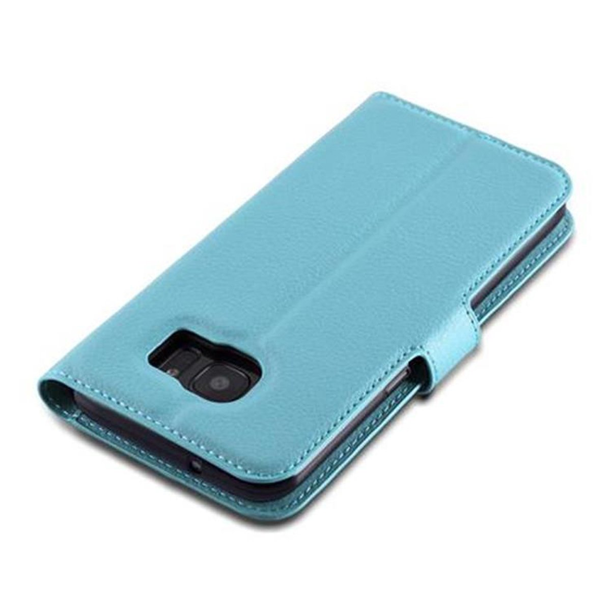 Custodia blu per telefono con telefono inserito. La custodia è aperta, il telefono è su sfondo bianco.