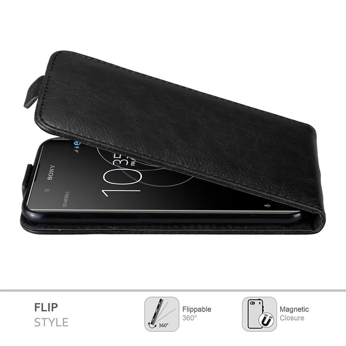 Custodia per telefono nera, aperta, con un telefono all'interno. Lo schermo del telefono è acceso, mostrando l'ora. Stile flip.