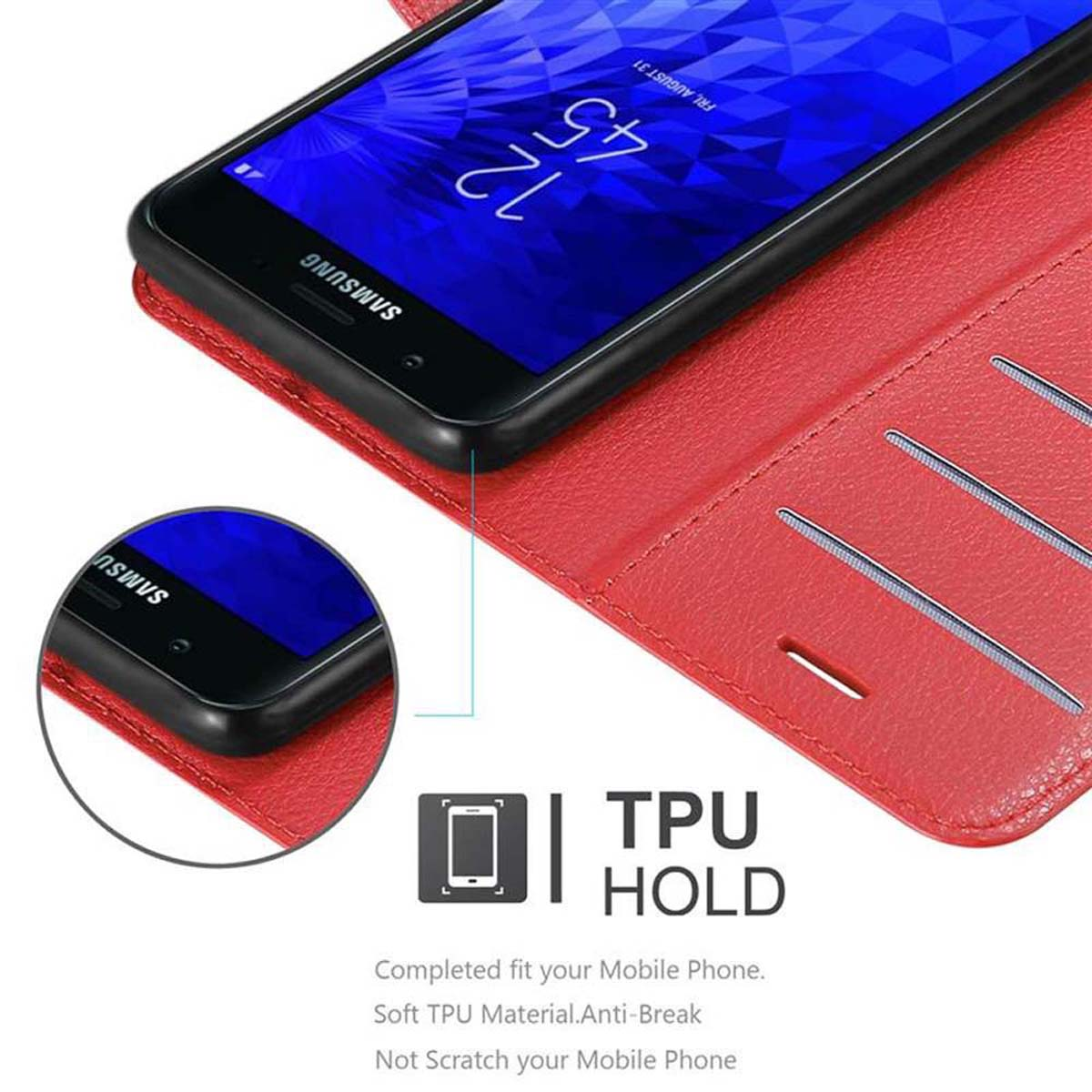 Custodia rossa con telefono. Testo: Supporto TPU, materiale morbido, anti-rottura, non graffia.