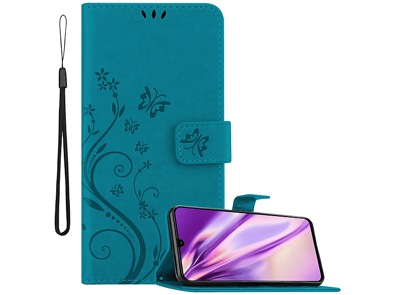 Galaxy Case, Muster FLORAL Bookcover, A90 5G, Flower BLAU Blumen Samsung, Hülle CADORABO