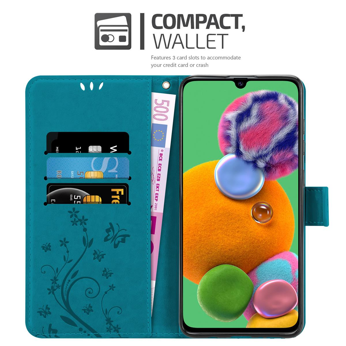 Custodia del telefono turchese aperta, con carte e denaro all'interno. Un telefono con schermo colorato a destra.