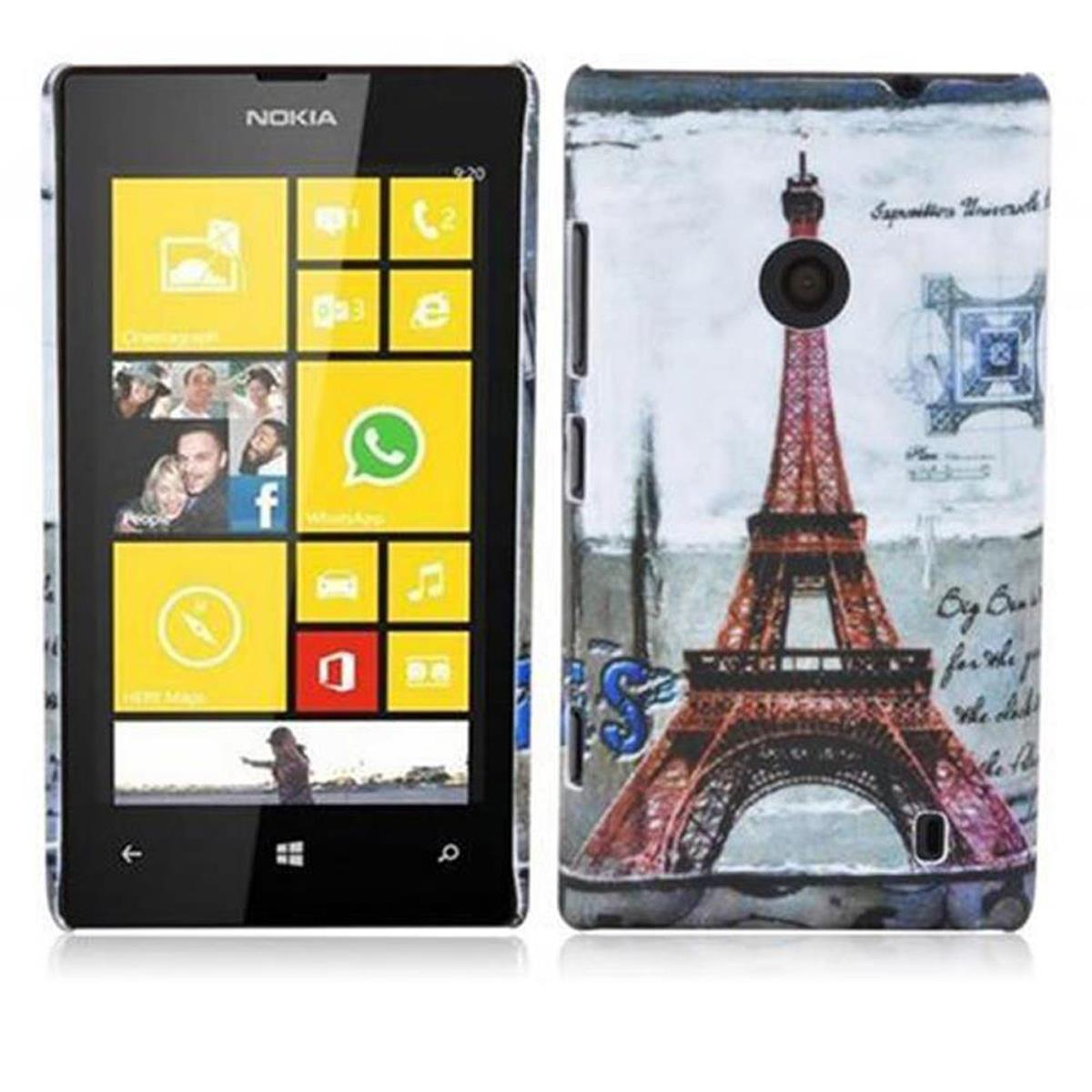 Nokia-Telefon mit Cover, das den Eiffelturm zeigt. Der Bildschirm zeigt Apps.