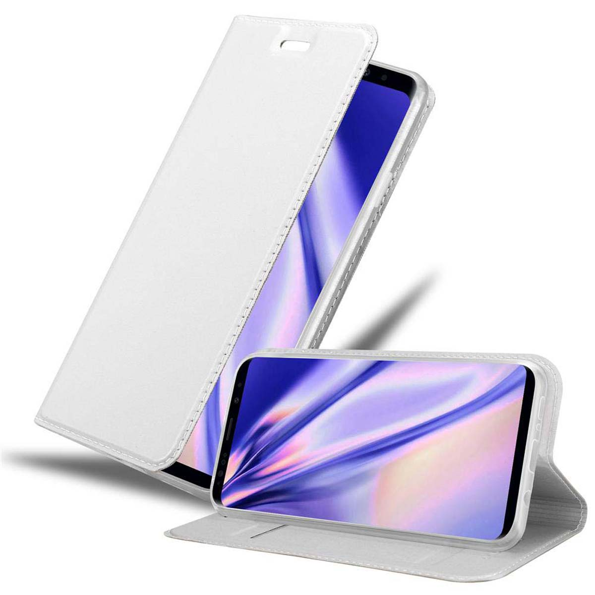 Weiße Handyhülle mit Telefon. Telefon-Bildschirm sichtbar. Hülle hat eine aufklappbare Abdeckung. Weißes Lederfinish.