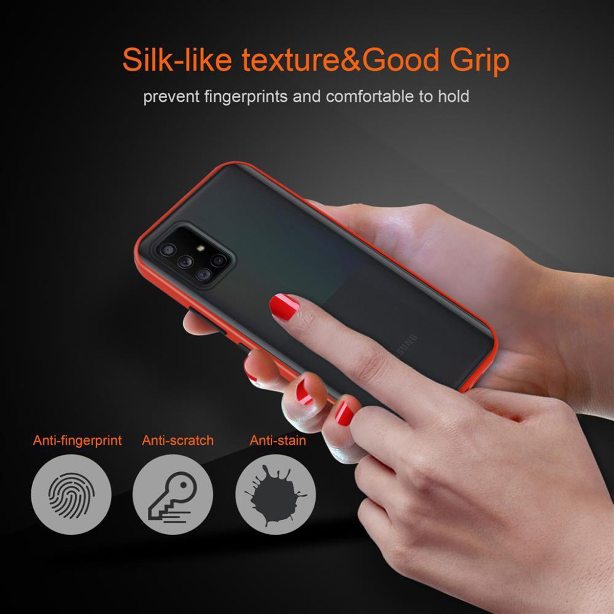 Hände halten ein Telefon mit einer rot umrandeten Hülle. Text hebt seidige Textur, guten Halt und Anti-Fingerabdruck-Funktionen hervor.