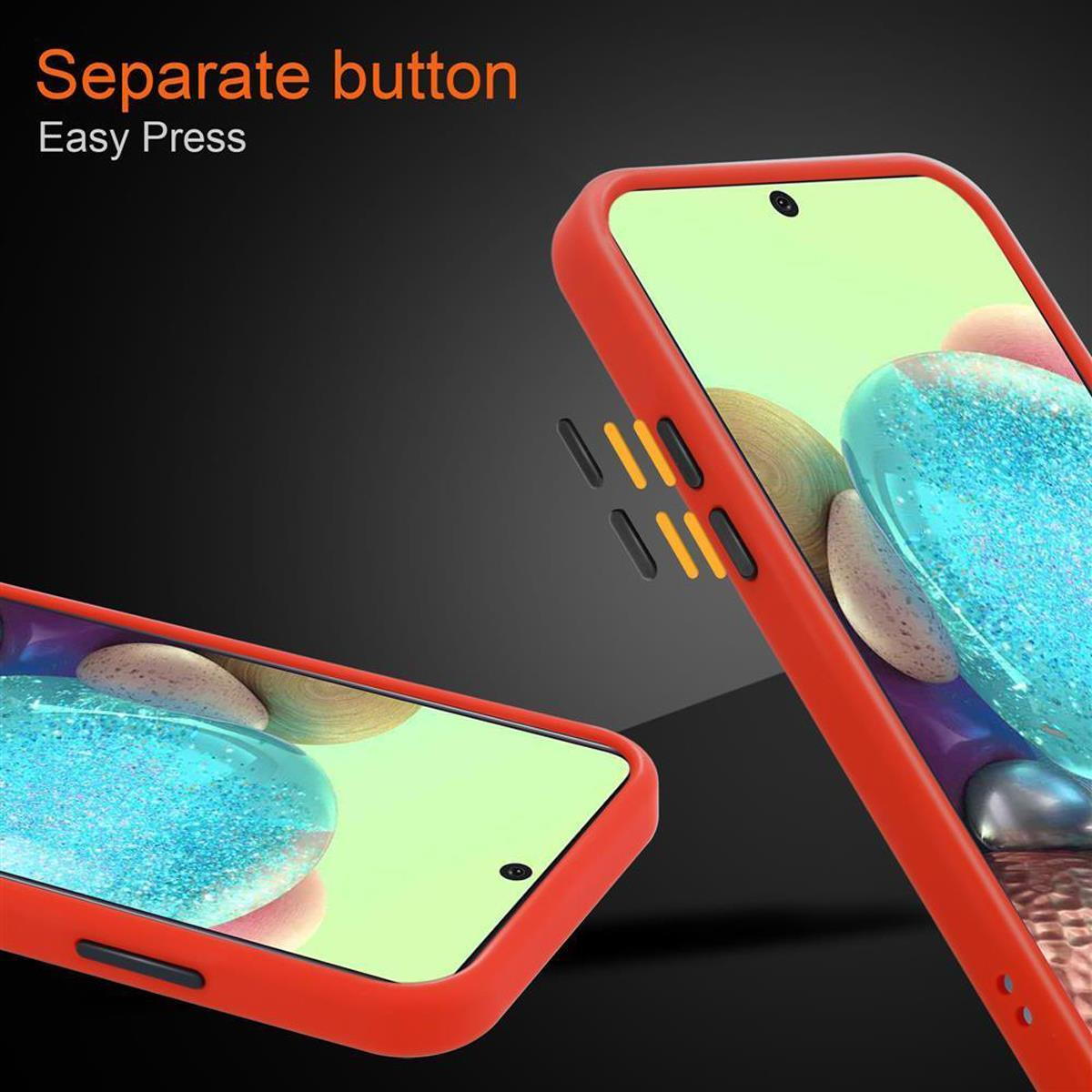 Coque de téléphone rouge et téléphone avec boutons séparés. Texte : Bouton séparé.