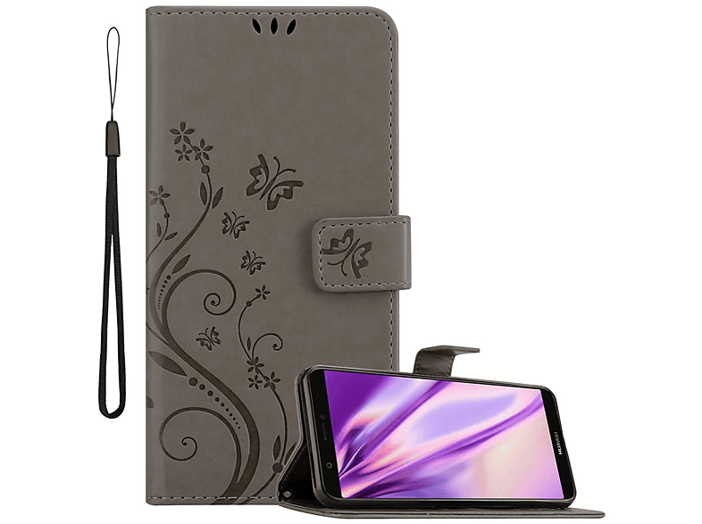 CADORABO Hülle Blumen Muster Flower Case, Bookcover, Huawei, P SMART 2018 / Enjoy 7S, FLORAL GRAU