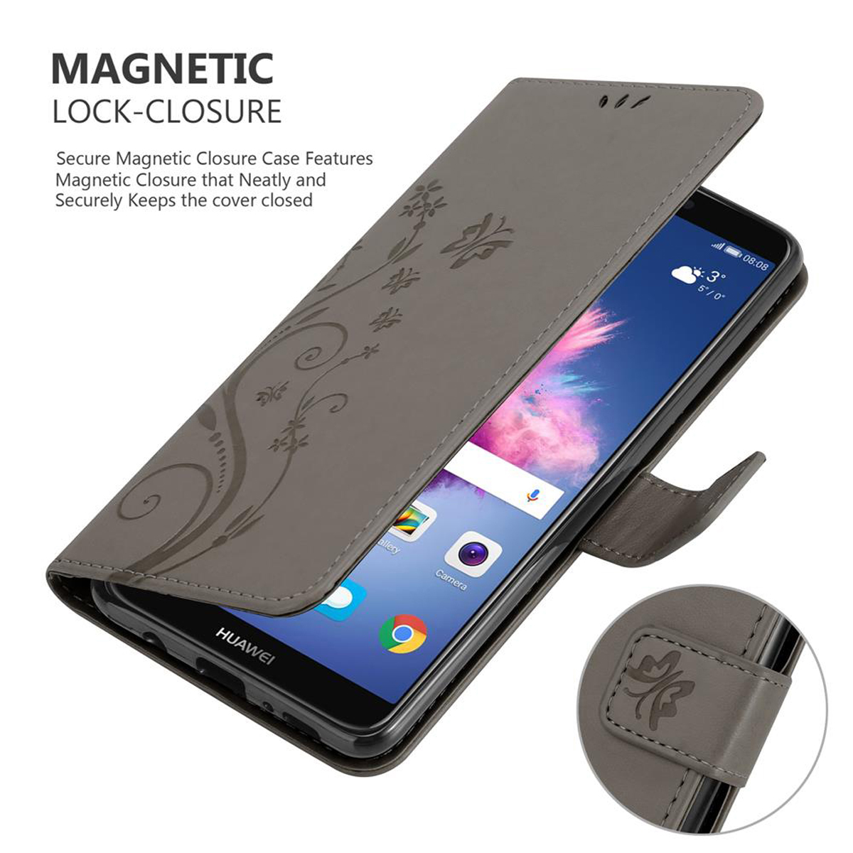 Custodia per telefono grigia, aperta, con telefono. Design floreale sulla copertina. La custodia è angolata.