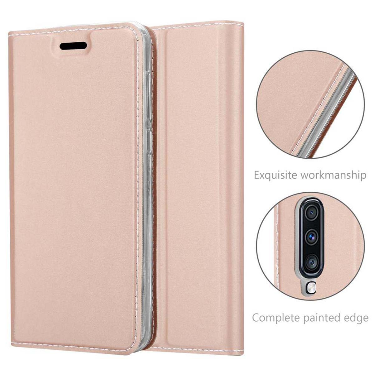 Custodia per telefono oro rosa, aperta. Telefono dentro. Dettagli circolari mostrano bordo dipinto squisito e completo.