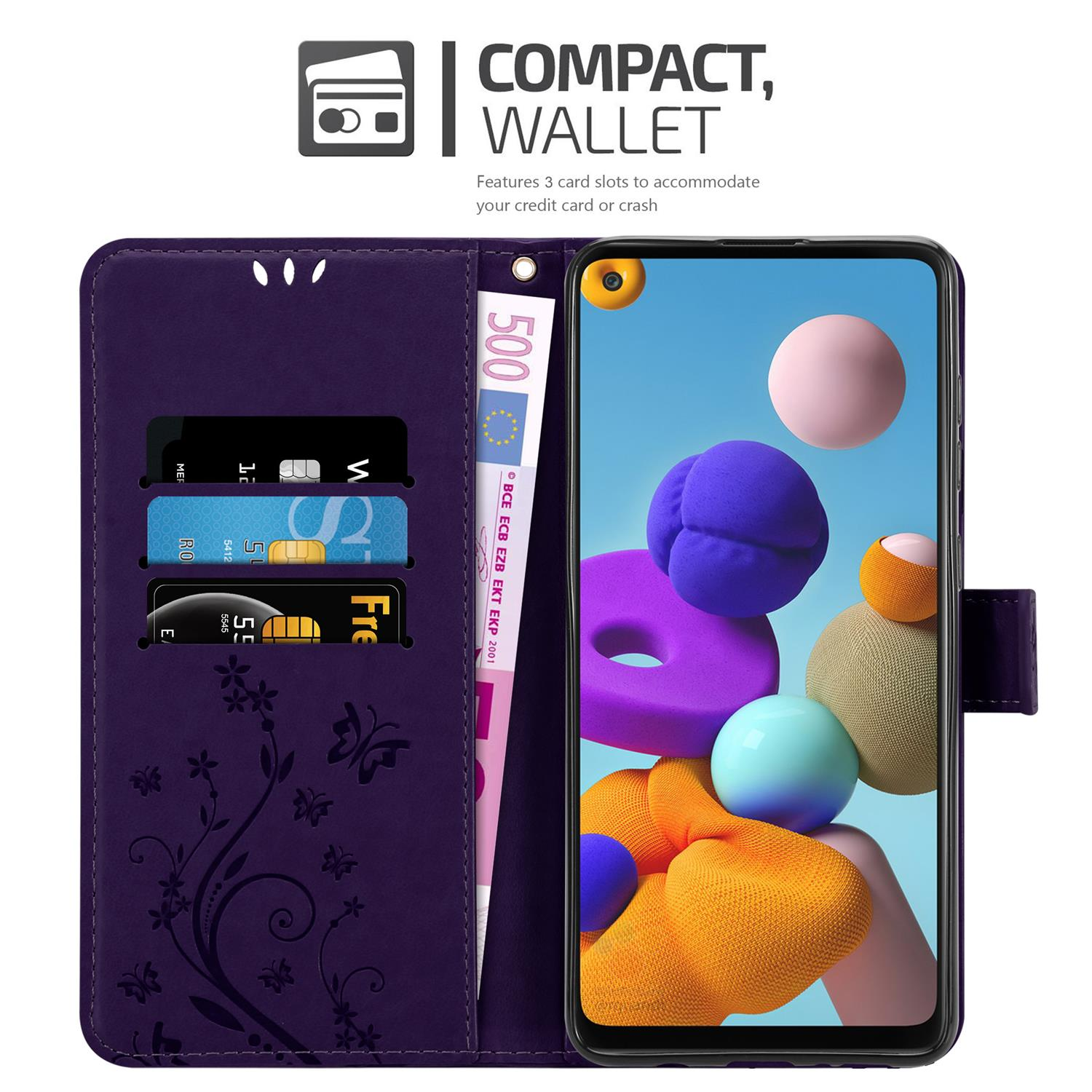 Custodia a portafoglio viola con telefono e carte. Include una banconota da 500 euro e un design floreale.