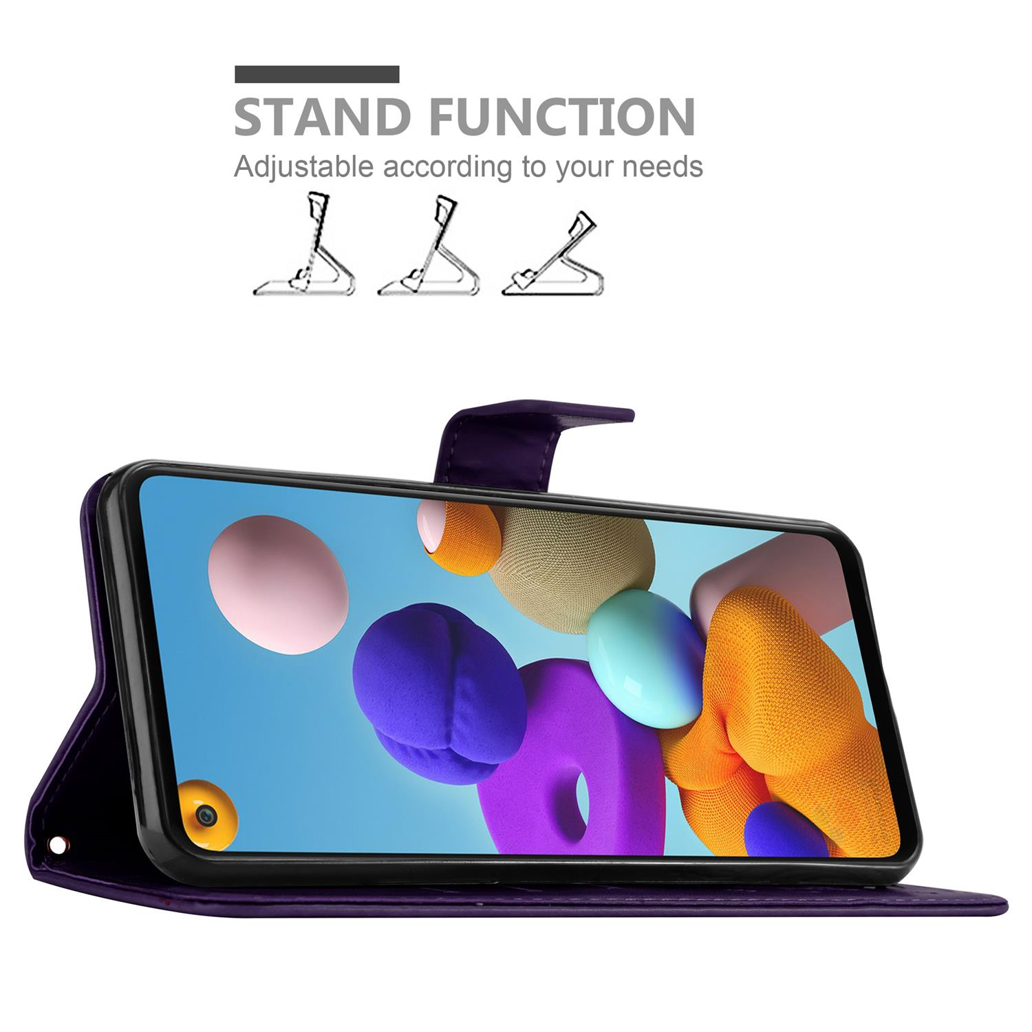 Custodia per telefono viola, aperta. Il telefono mostra grafiche colorate. Grafico della funzione stand sopra.