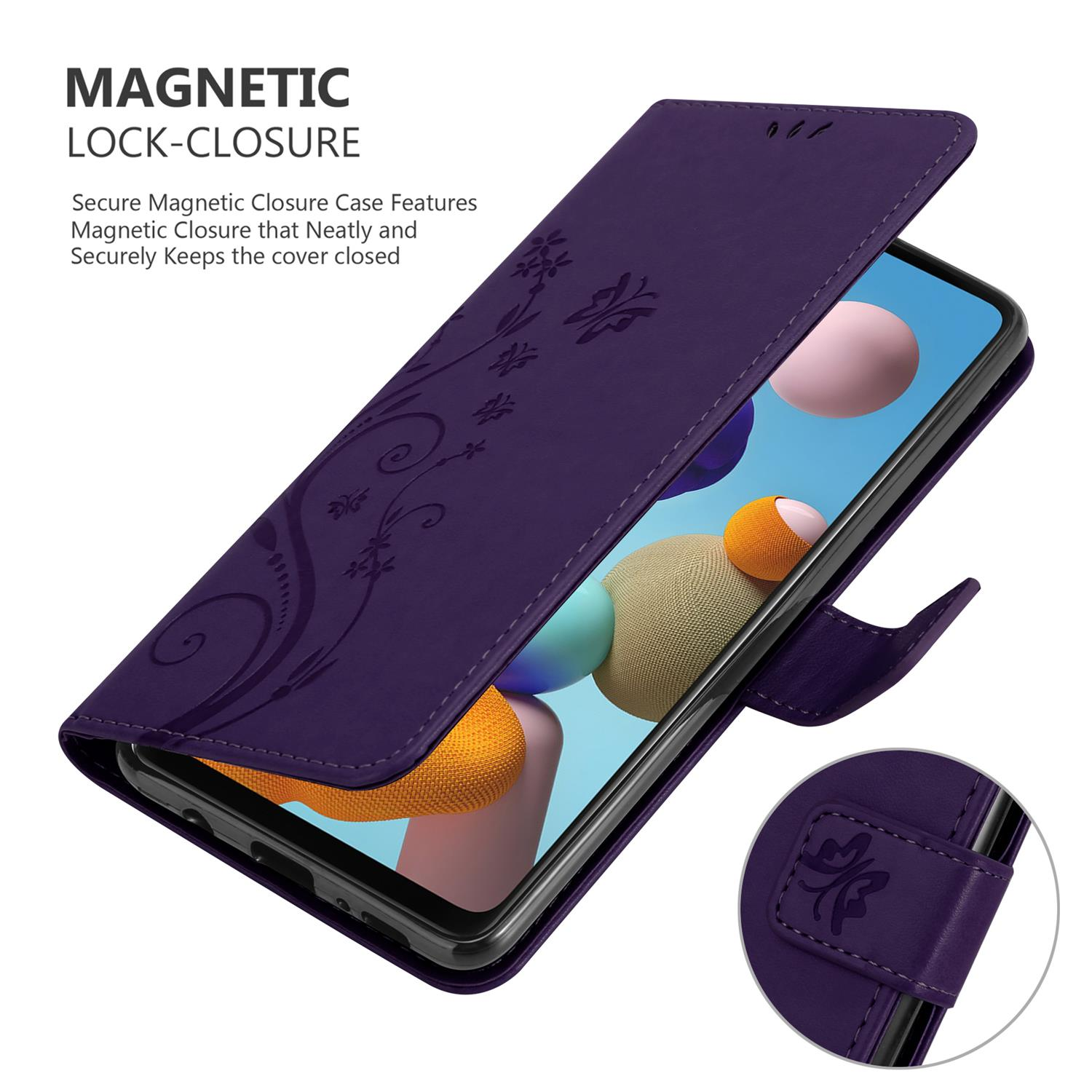 Una custodia per telefono viola aperta che mostra un telefono. La custodia ha un design floreale e chiusura magnetica.