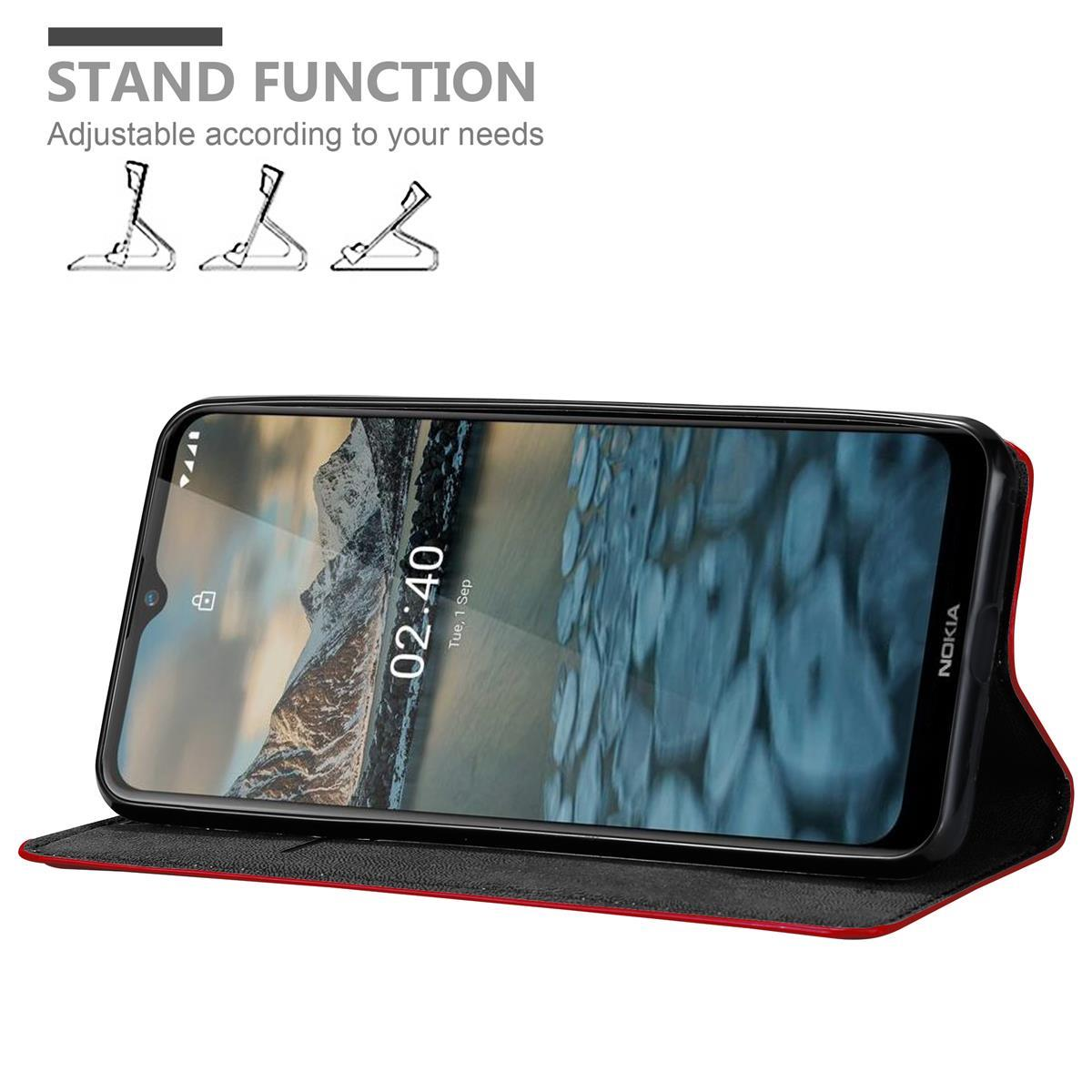 Un telefono è in una custodia rossa, con la funzione stand attivata. Il testo dice 'STAND FUNCTION' e mostra i diagrammi del supporto.