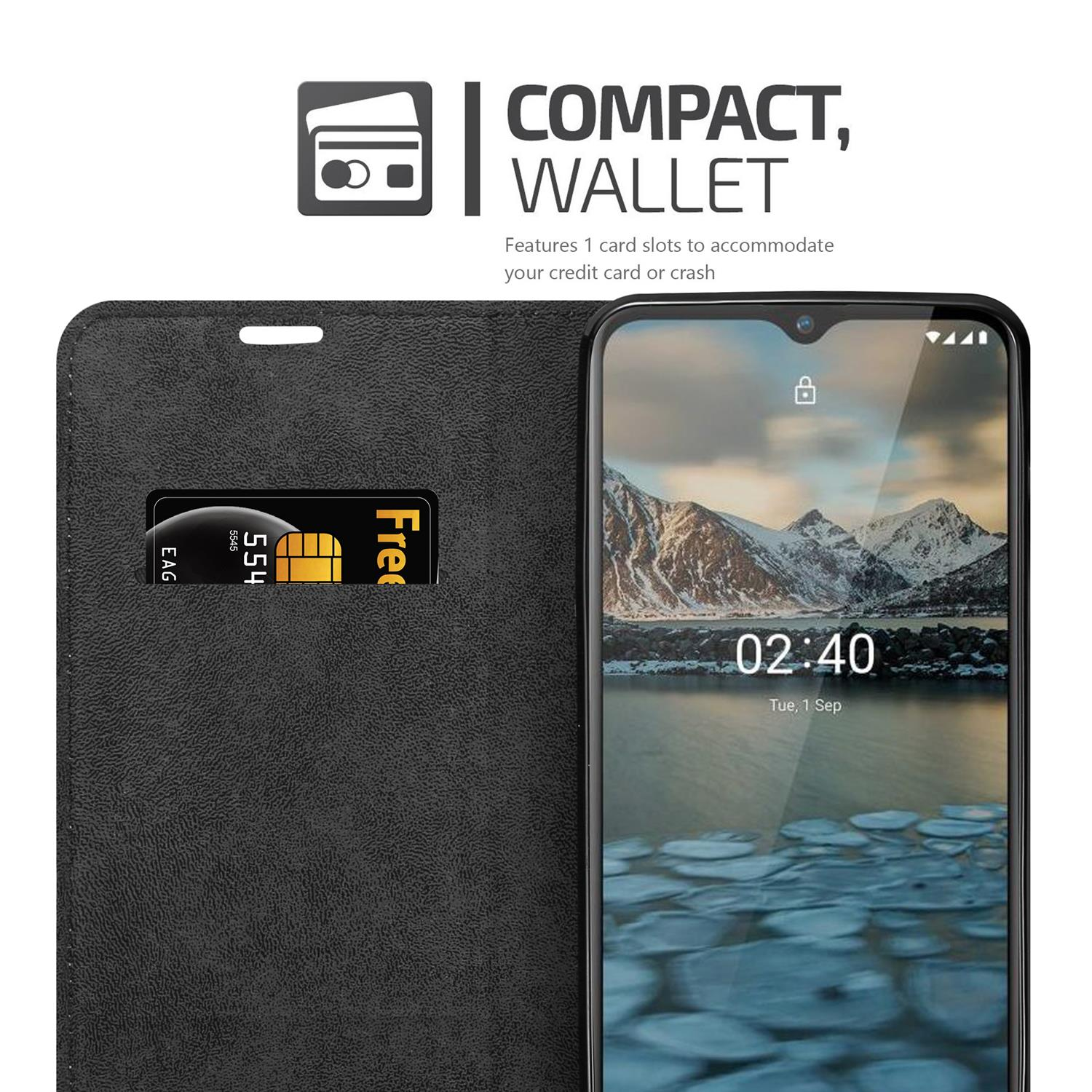 Custodia nera aperta con carta e telefono. Testo: 'COMPACT, WALLET'.