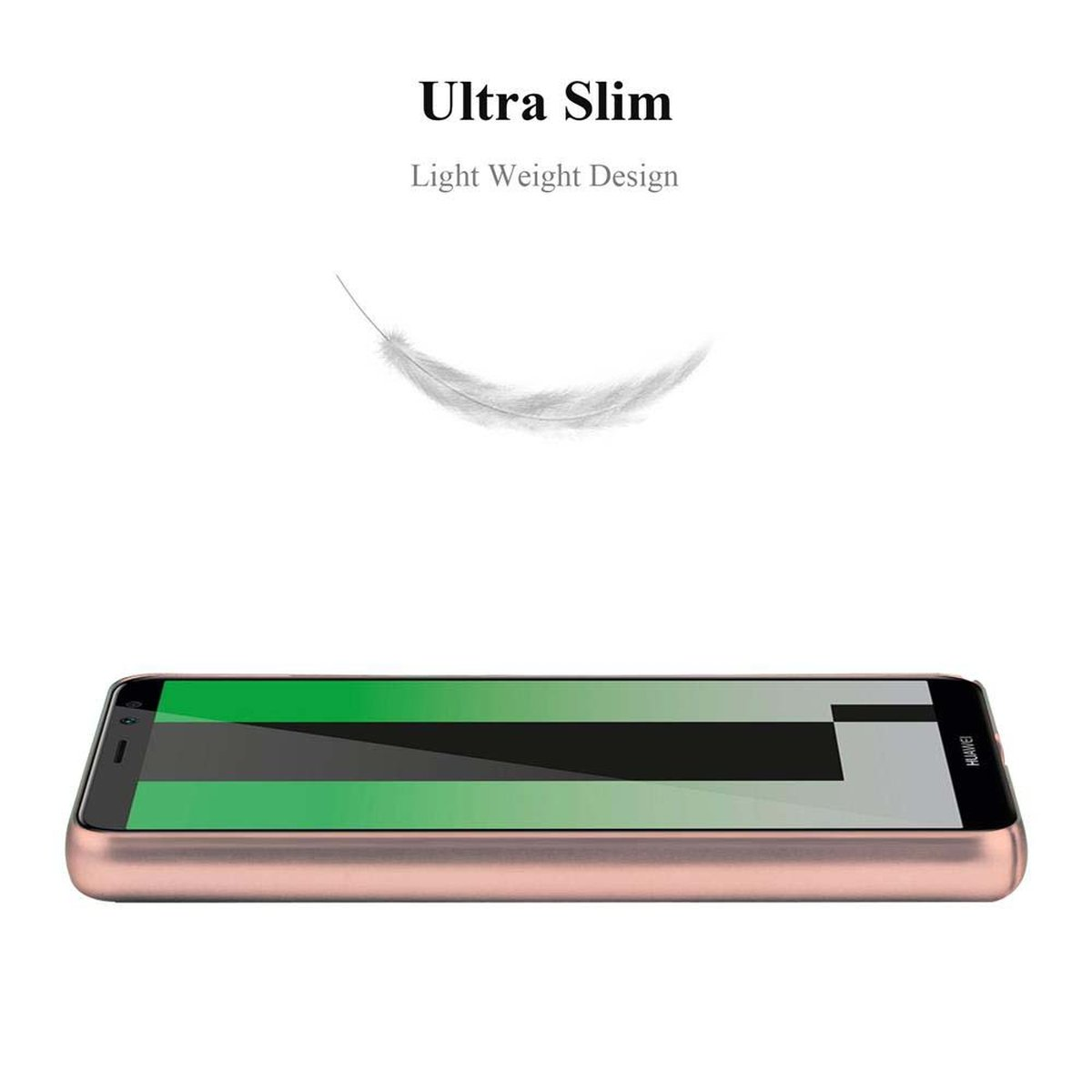 Un telefono in una custodia oro rosa, con un design ultrasottile. Un grafico a forma di piuma è sopra il telefono.