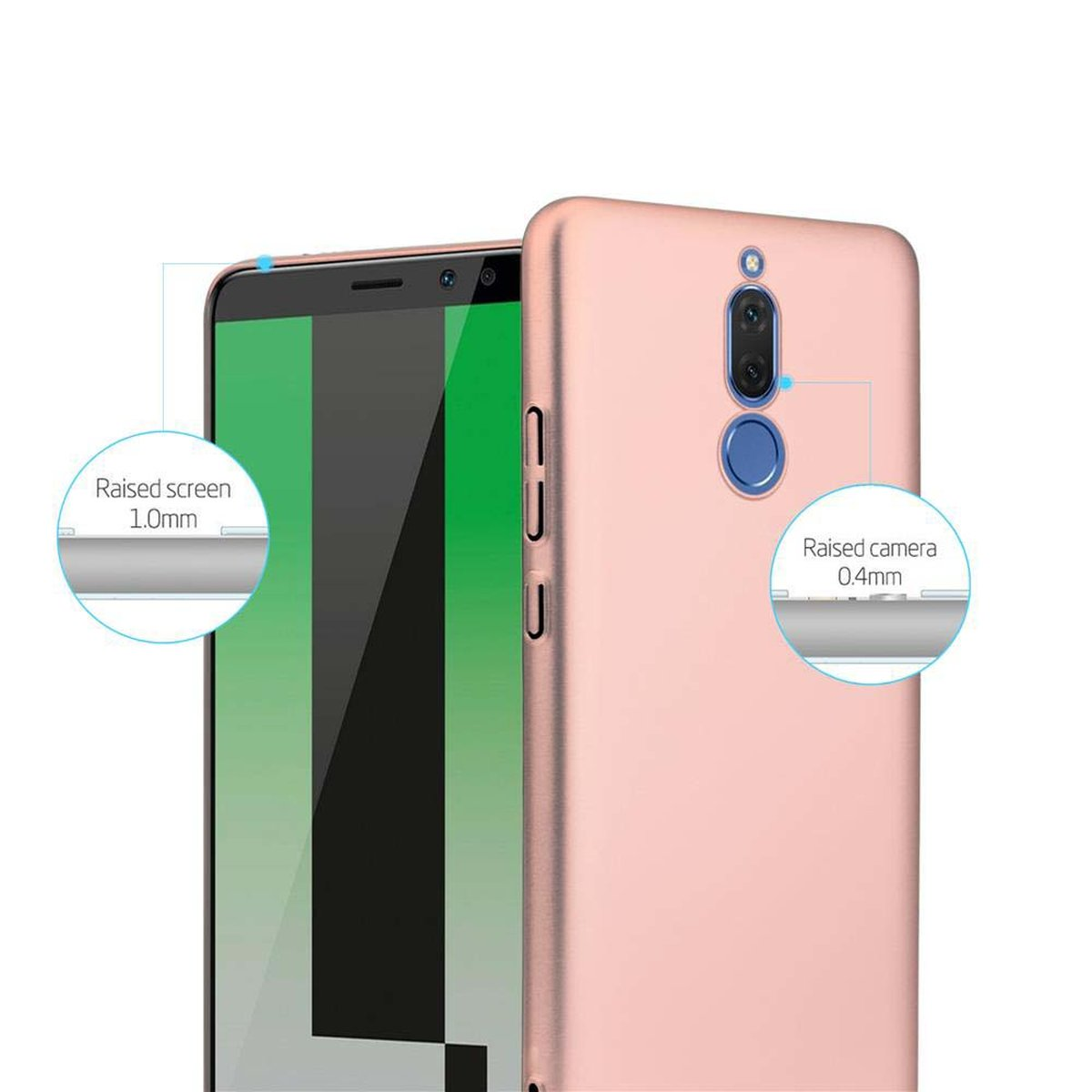 Telefono oro rosa con custodia. Primo piano del telefono e della custodia. Dettagli dello schermo e della fotocamera rialzati.