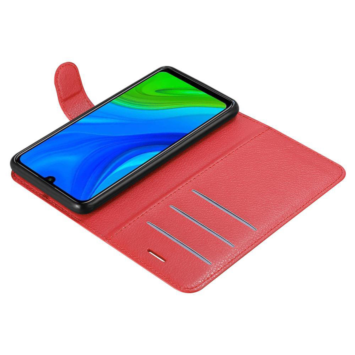 Portafoglio telefonico rosso aperto con telefono, mostra schermo blu e fessure.