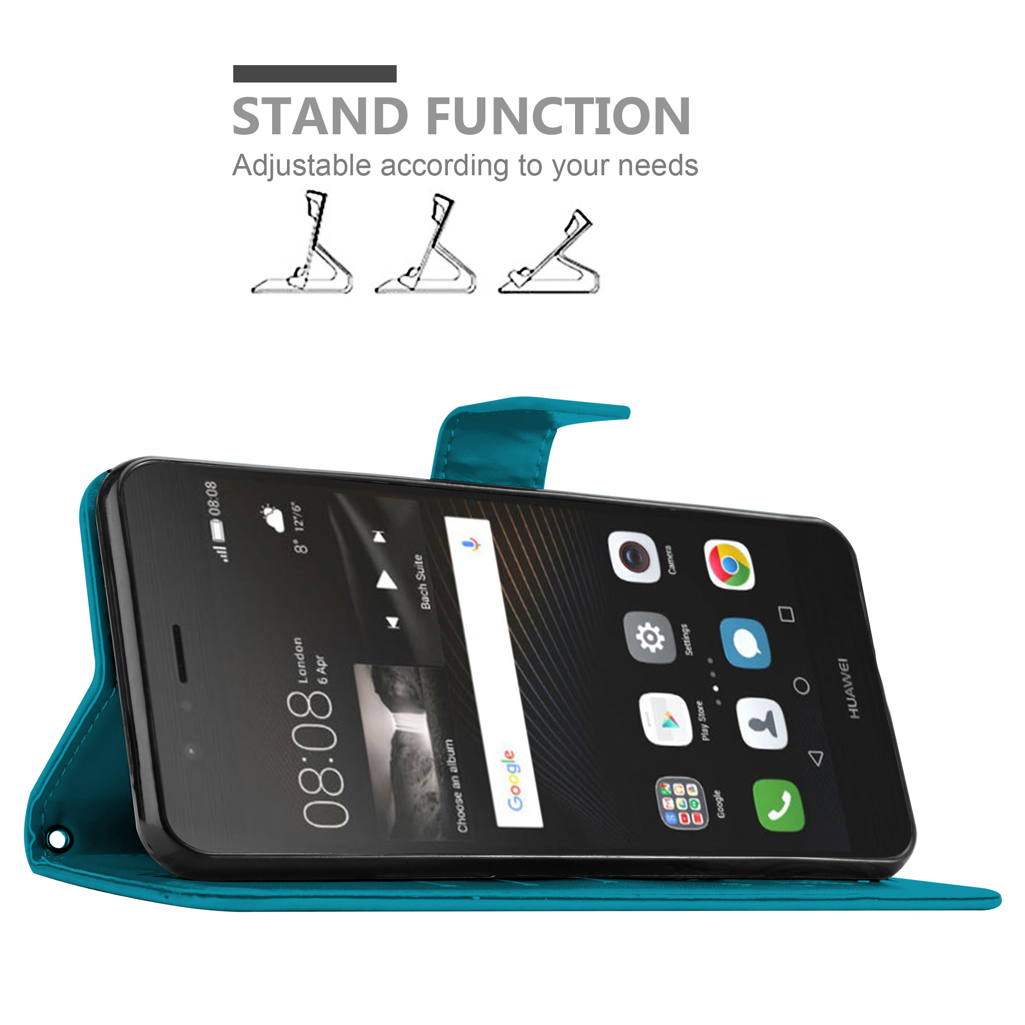 Custodia per telefono verde acqua con telefono. Il telefono è sul supporto, mostrando l'ora e le app.