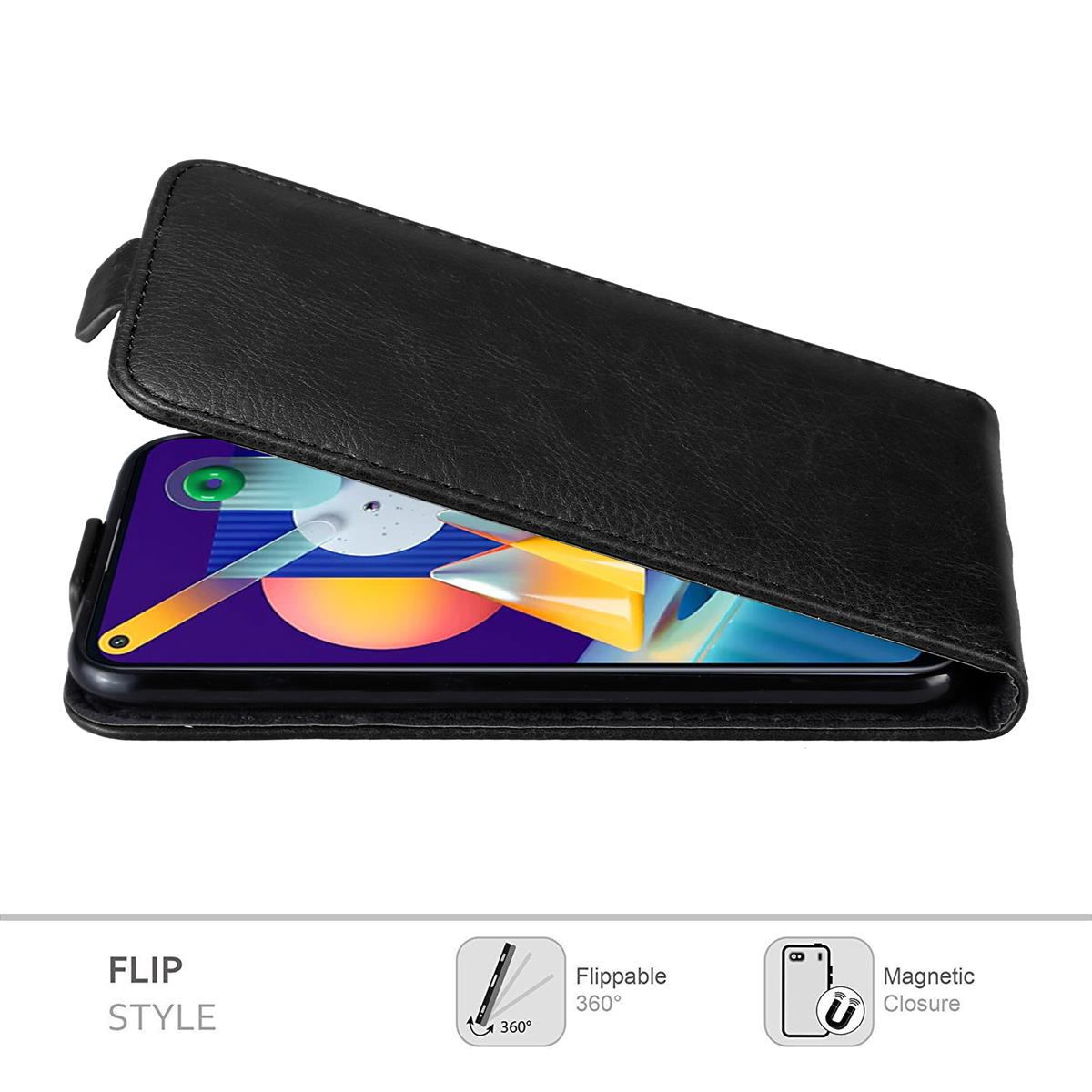 Schwarze Handyhülle mit einem Telefon darin. Die Hülle ist geöffnet, und das Telefon ist sichtbar.