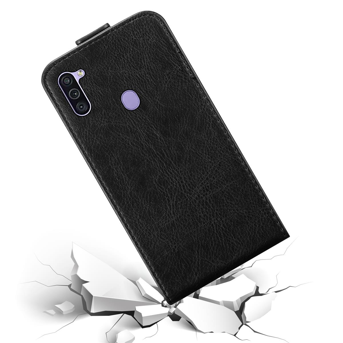 Schwarze Handyhülle abgewinkelt, mit kaputtem Bodeneffekt. Eine schwarze Hülle mit einer Kamera mit drei Linsen.