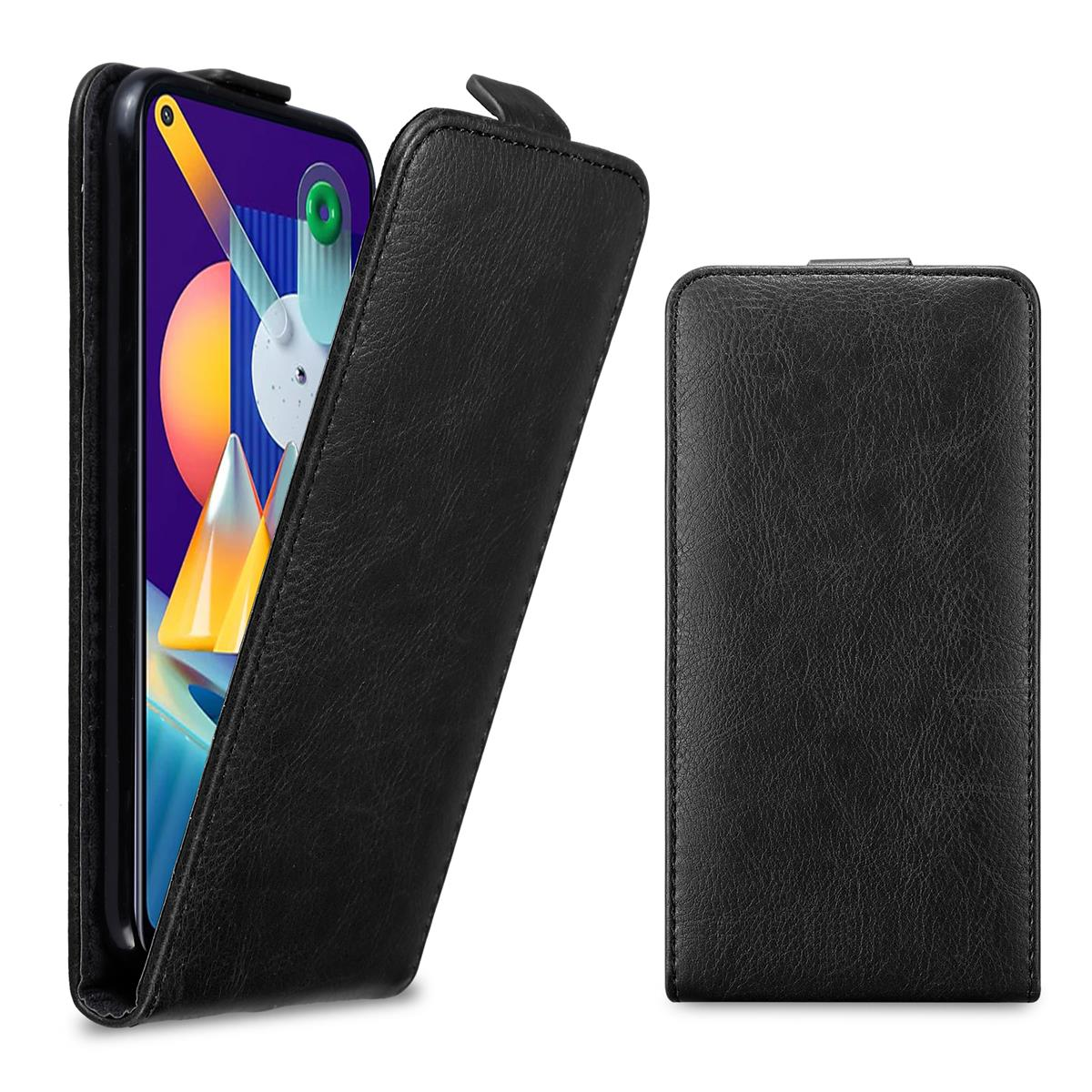 Schwarze Handyhülle, offen, mit Telefon, auf weißem Hintergrund.