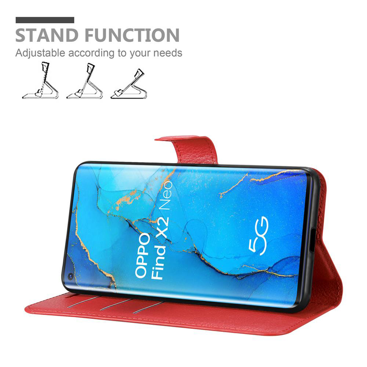 Custodia rossa per telefono con un telefono all'interno. La funzione stand è pubblicizzata. Il telefono mostra il marchio Oppo e il modello Neo.