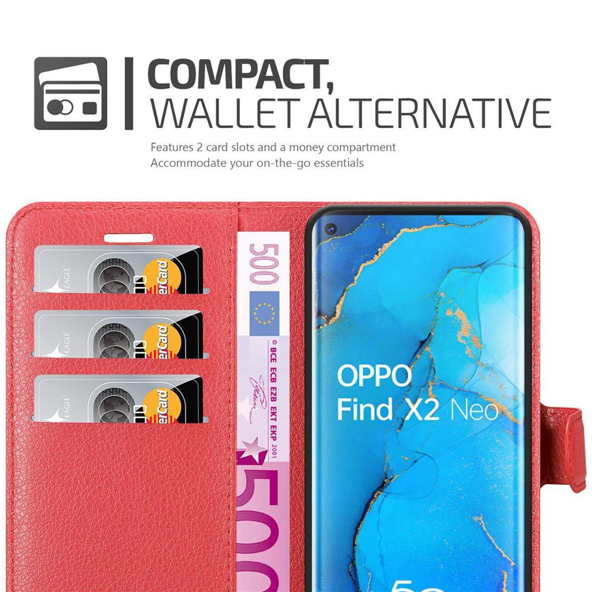 Una custodia a portafoglio rossa con un telefono e carte è mostrata aperta. Il telefono è OPPO Find X2 Neo. La custodia è rossa.