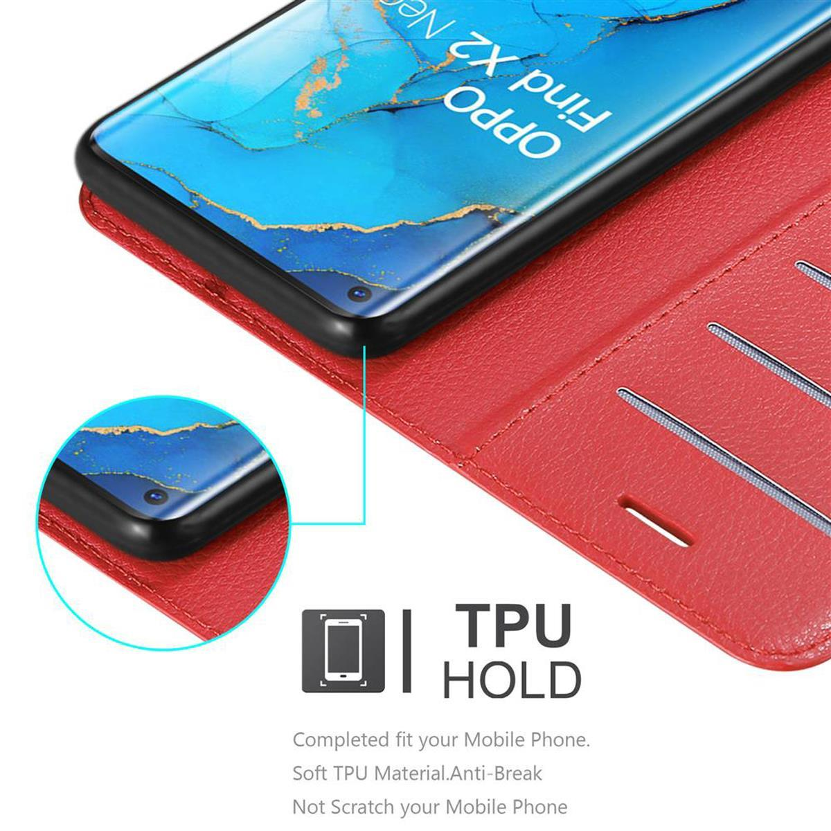 Custodia rossa aperta con un telefono all'interno. La custodia tiene il telefono con materiale TPU.