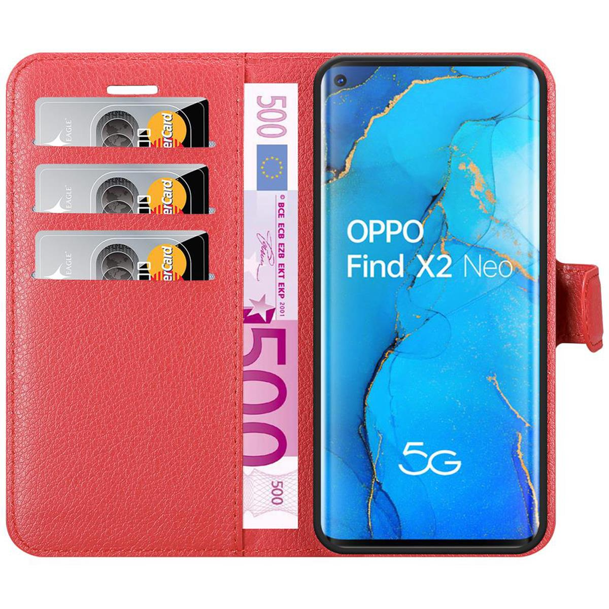 Custodia rossa per telefono con carte e denaro all'interno. Il telefono a destra mostra Oppo Find X2 Neo e il logo 5G.
