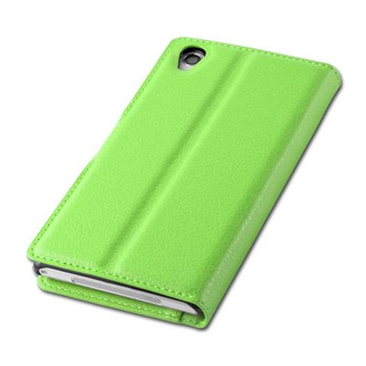 Una custodia per telefono verde brillante, chiusa, che mostra il retro del dispositivo.