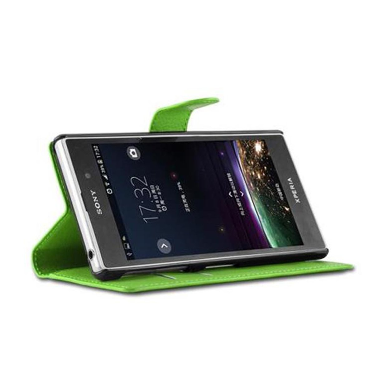Telefono Sony in una custodia verde aperta, che mostra uno schermo con sfondo naturale e l'ora.
