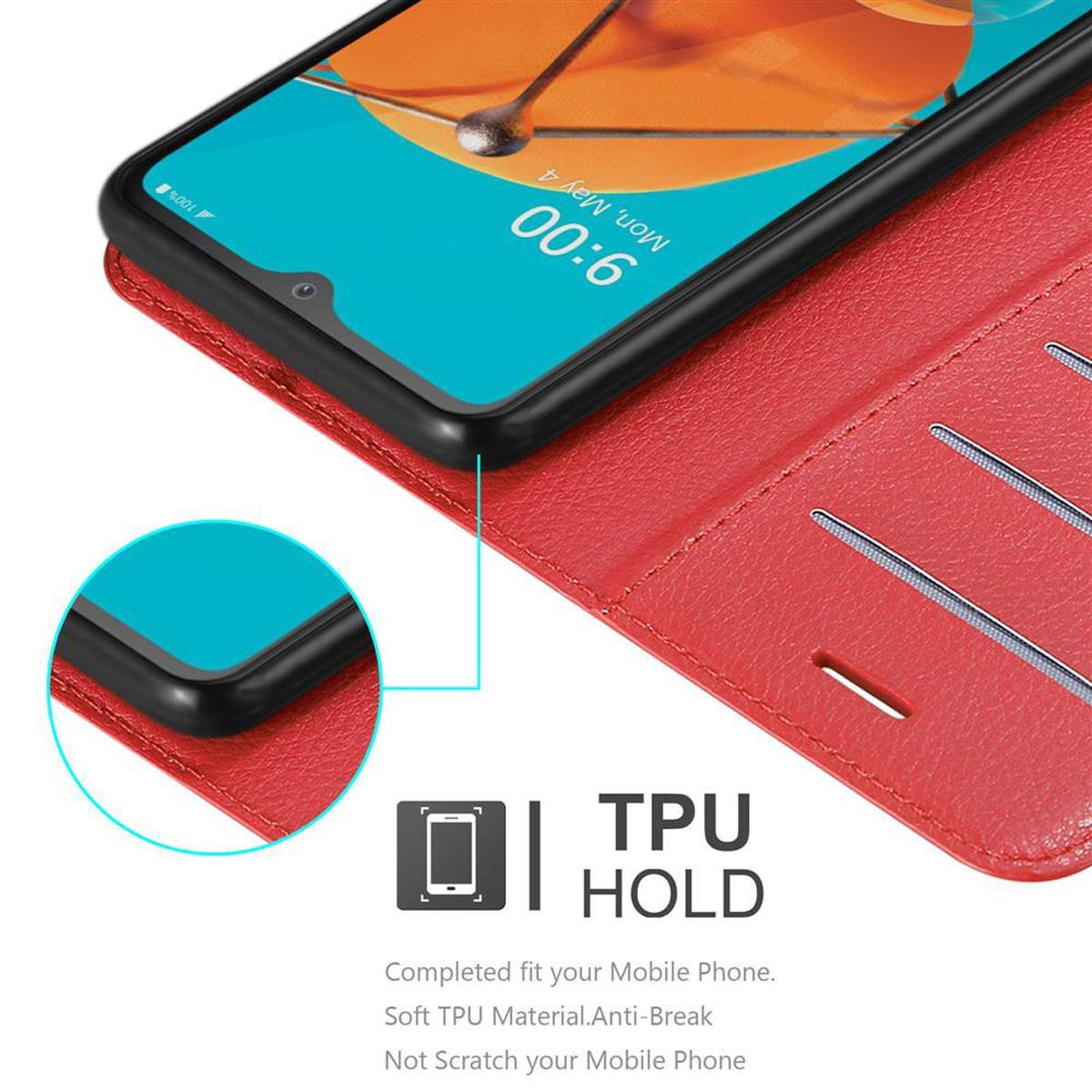 Telefono nero in custodia rossa. Ora 9:00 sullo schermo. Custodia con fessure e logo TPU HOLD.