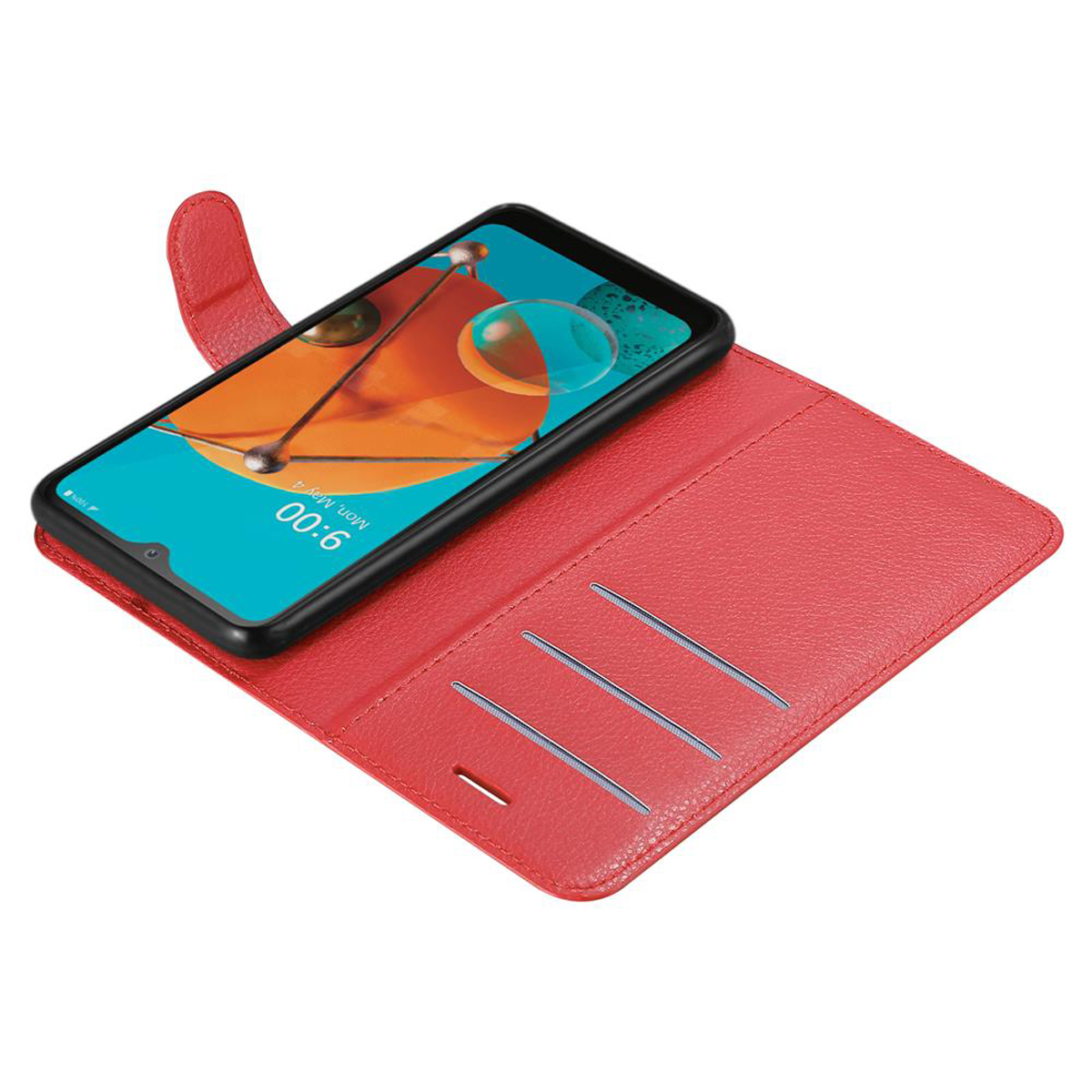Custodia rossa aperta, telefono all'interno, tre scomparti per carte e chiusura magnetica.