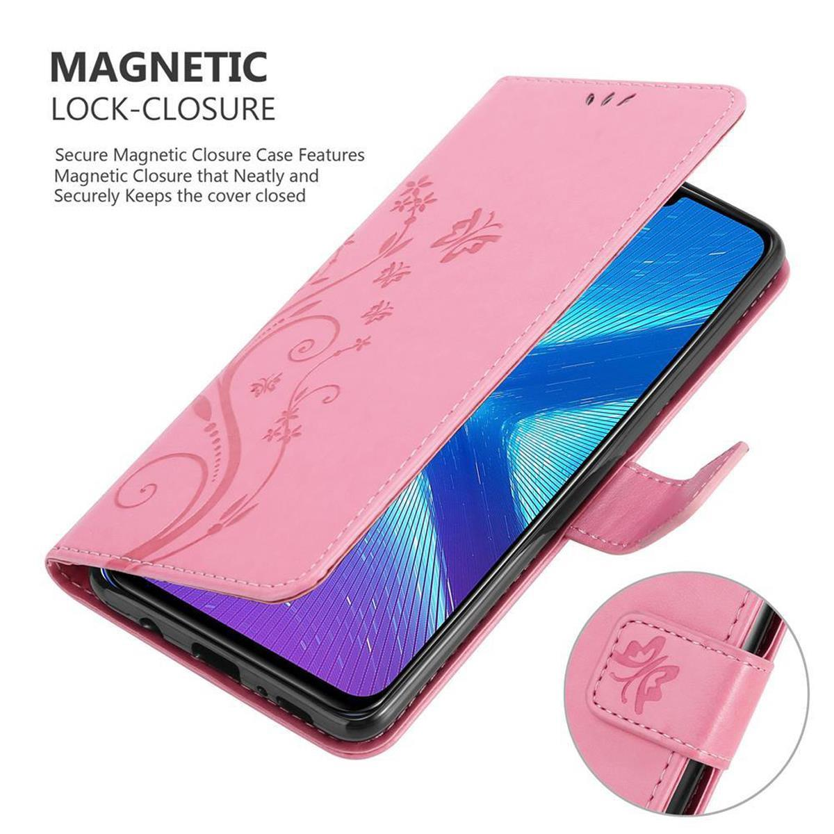 Custodia rosa per telefono con design floreale. Il telefono è aperto, mostrando uno schermo con sfondo blu.
