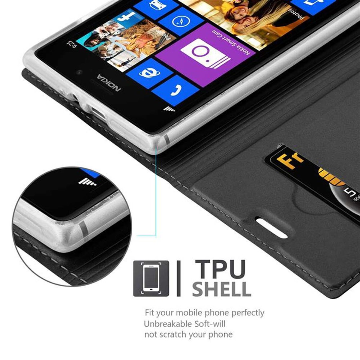 Téléphone dans un étui, TPU SHELL, avec des applications visibles à l'écran.