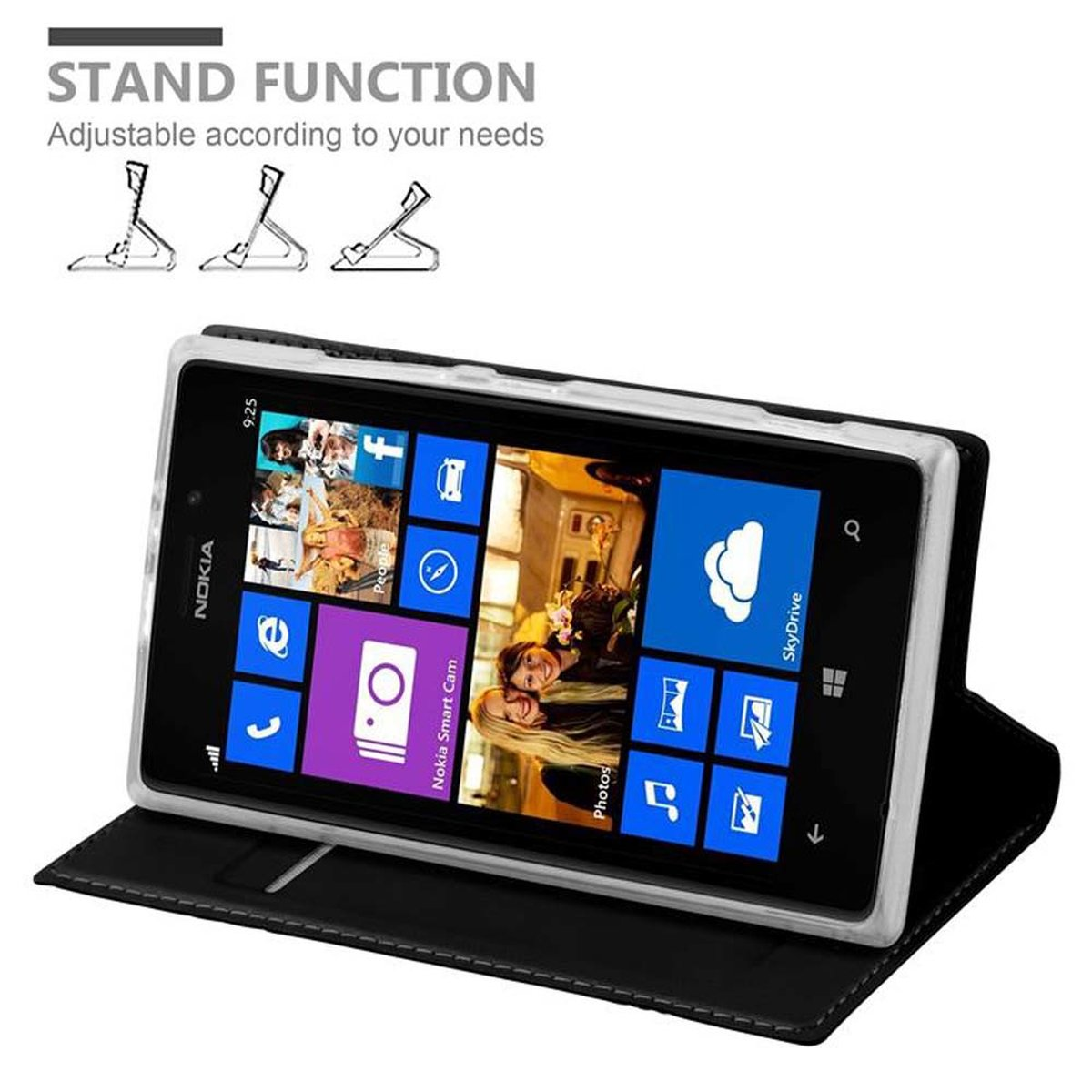 Téléphone dans un étui noir, ouvert comme support. Le téléphone affiche des icônes d'applications. Fonction support annoncée.