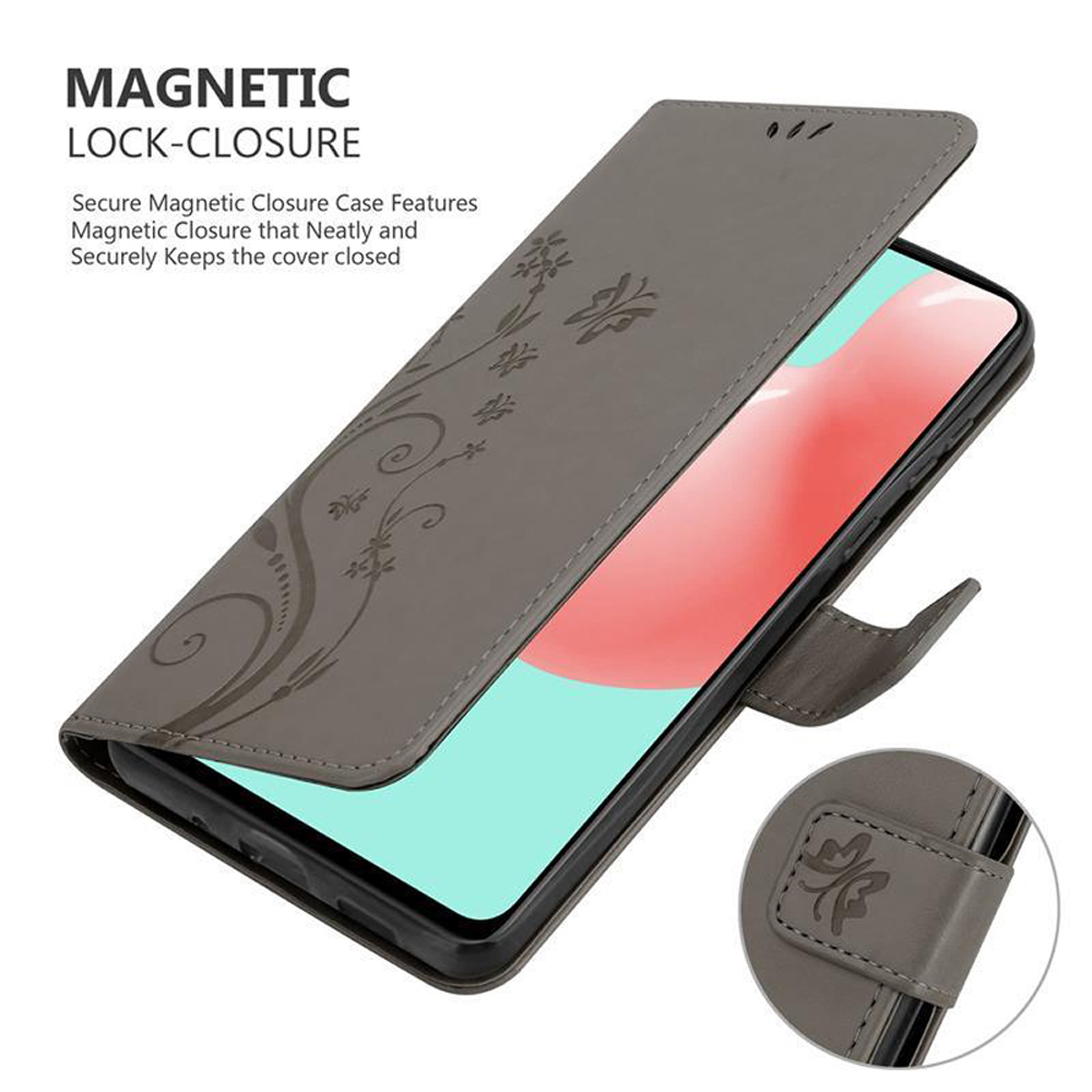 Custodia grigia, aperta. Dispone di chiusura magnetica, design floreale e un telefono.