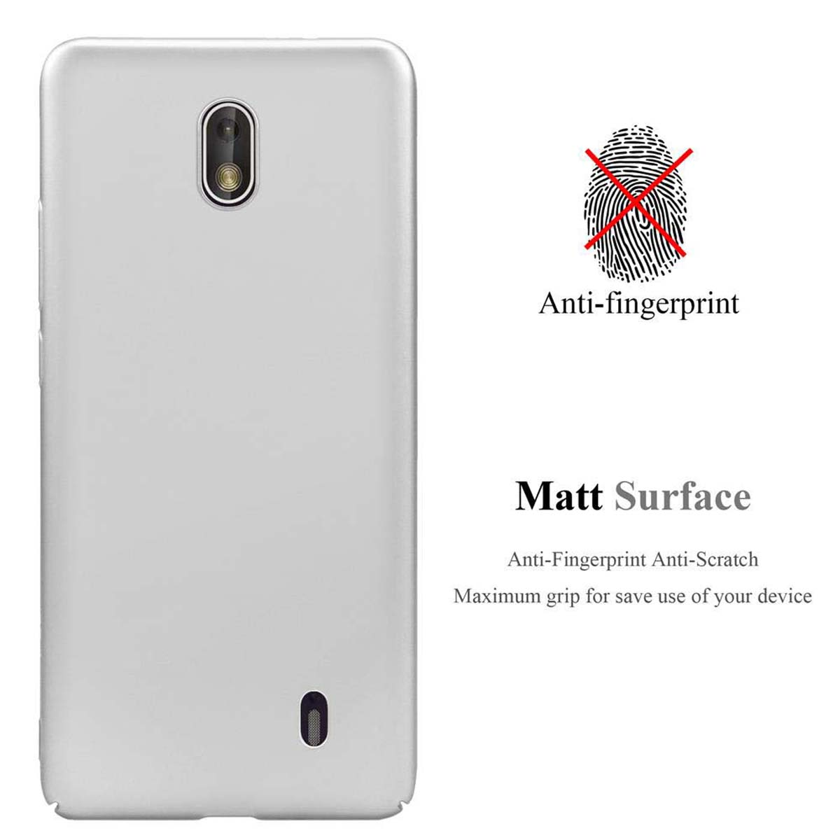 Weiße Handyhülle. Anti-Fingerabdruck und matte Oberfläche. Die Rückseite hat Kamera und Lautsprecher.